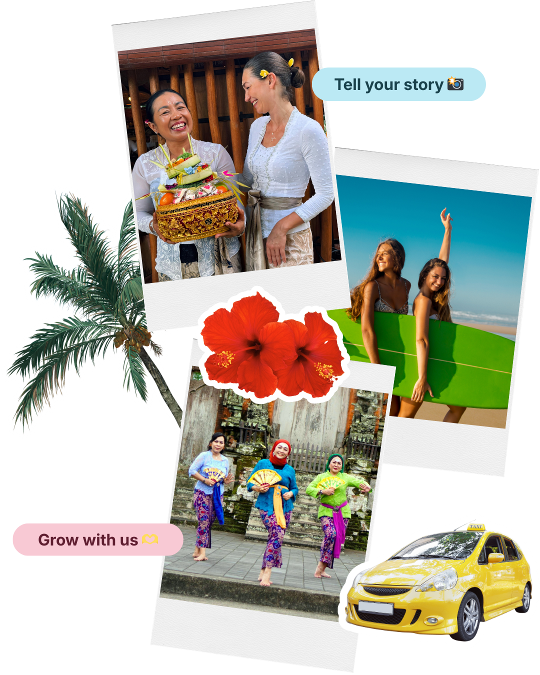 Collage of Bali experiences - local women, cultural activities, surf, and transport